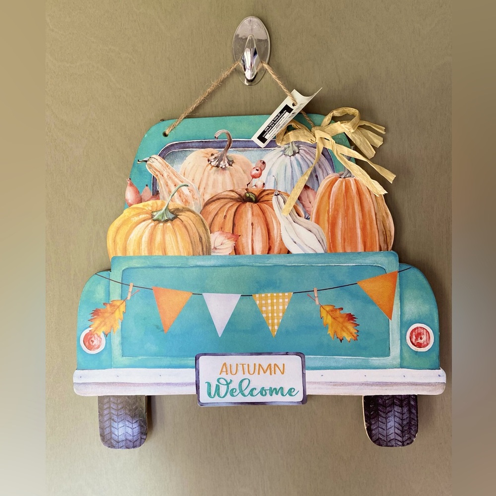 NWT Welcome Autumn Classic Blue Truck with Pumpkins Wall Door Sign